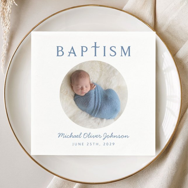 Elegant Blue Script Photo Baptism Napkin (Elegant Blue Script Photo Baptism Napkins)