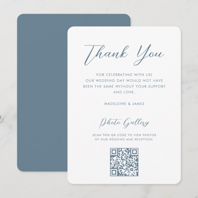 Elegant Blue Script QR Online Gallery Wedding Thank You Card (Front/Back)