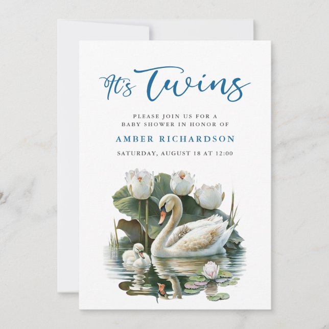 Elegant Blue Script Swan Simple Boy Baby Shower Invitation (Front)