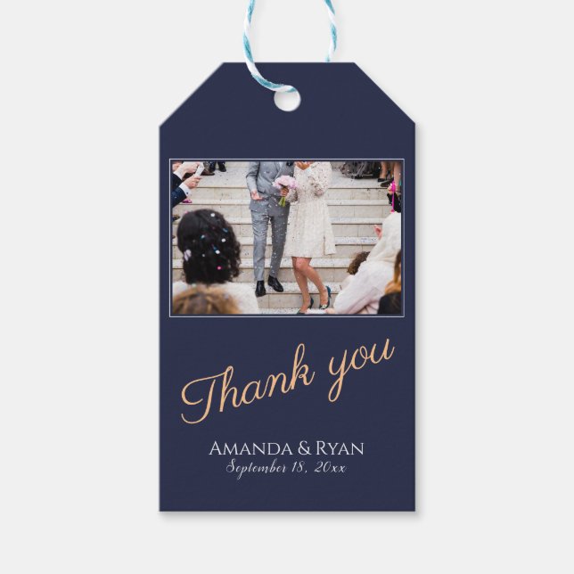 Elegant Blue Script Thank you Wedding Photo Tag (Front)