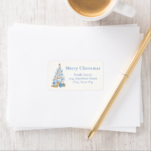 Elegant Blue Script Watercolor Christmas Tree Label