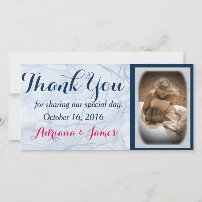elegant blue script  wedding photo thank you cards (Front)