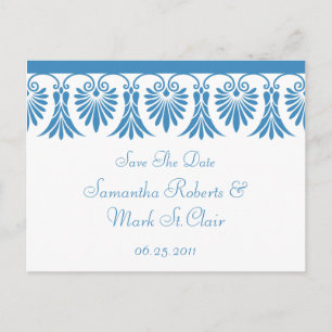 Elegant Blue Scroll on White Save The Date Announcement Postcard