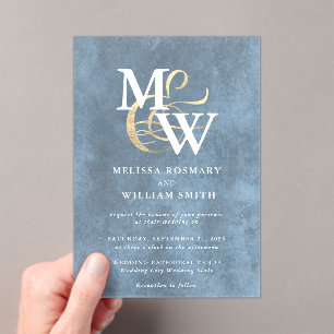 Elegant Blue Sea Glass Monogram Gold Wedding Acrylic Invitations