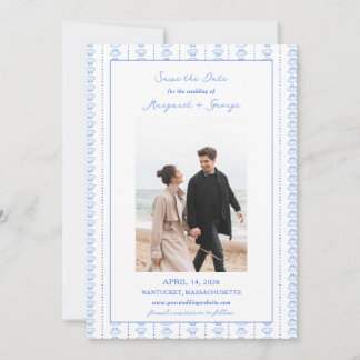 Elegant Blue Seashell Coastal Photo Wedding Save The Date