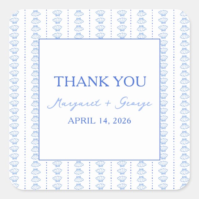 Elegant Blue Seashell Coastal Wedding Thank You Square Sticker (Front)