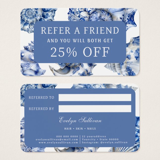 Elegant blue seashells referral card (Front & Back)