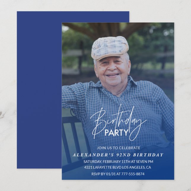 Elegant Blue Shadow Photo Men 92nd birthday party Invitation (Front/Back)
