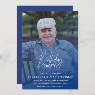 Elegant Blue Shadow Photo Men 94th birthday party Invitation
