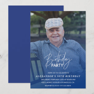 Elegant Blue Shadow Photo Men 98th birthday party Invitation