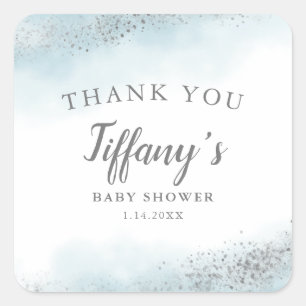 Elegant Blue Silver Baby Shower Square Sticker