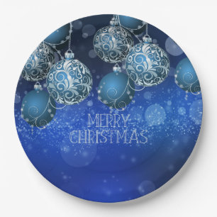 Elegant Blue & Silver Baubles Christmas Paper Plate