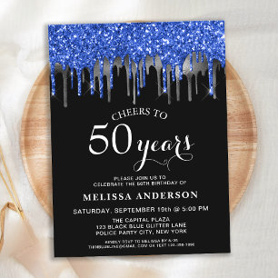 Elegant Blue Silver Black Glitter Drip 50 Birthday Postcard