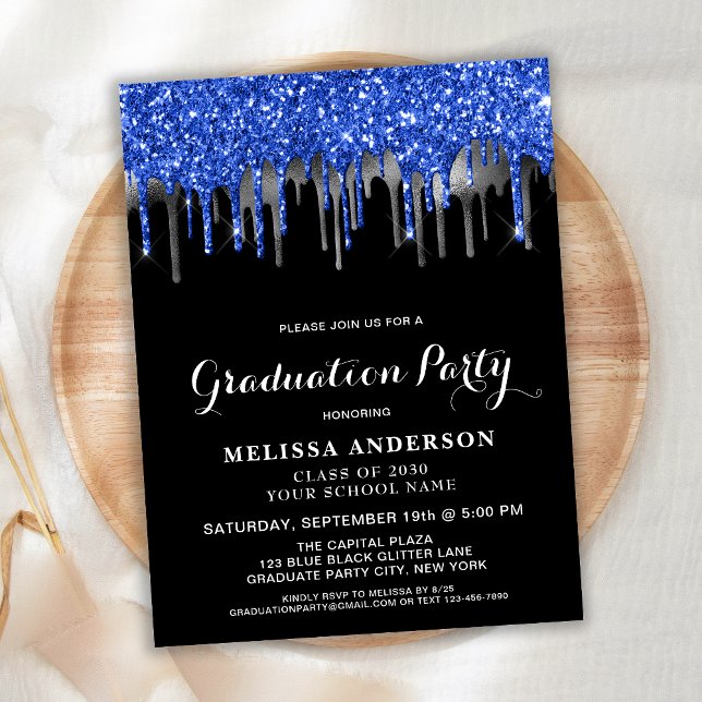 Elegant Blue Silver Black Glitter Drips Graduation Invitation Postcard (Creator Uploaded)