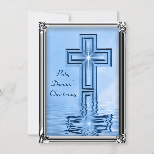 Elegant Blue & Silver Christening Invitations (Front)