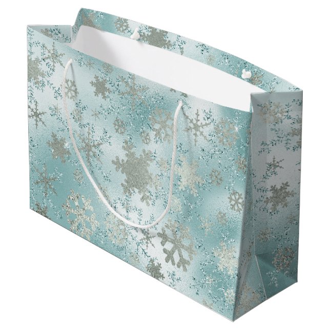 Elegant Blue Silver Christmas Snowflake Pattern Large Gift Bag (Back Angled)