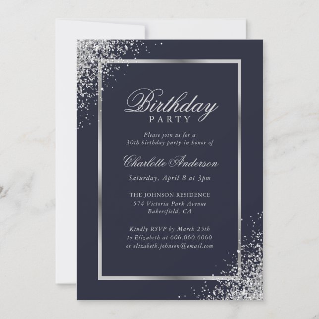 Elegant Blue Silver Confetti Birthday Party Invitation (Front)