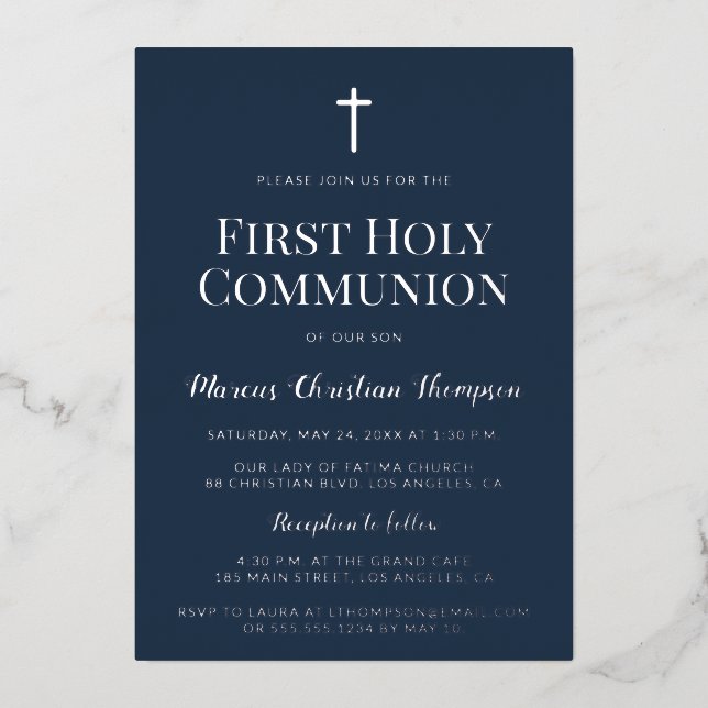 Elegant blue Silver cross Boy First Holy Communion Foil Holiday Card (Front)