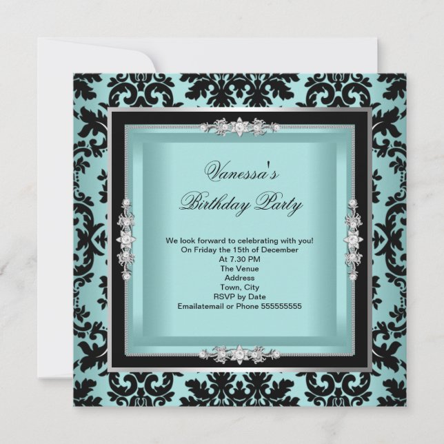 Elegant Blue Silver Damask Black Birthday Party Invitation (Front)