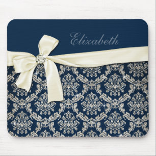 Elegant Blue Silver Damask Diamond Bow Monogrammed Mouse Mat