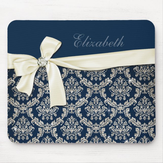 Elegant Blue Silver Damask Diamond Bow Monogrammed Mouse Mat (Front)