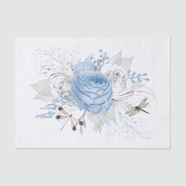Elegant Blue Silver Dragonfly Floral Tissue Paper (Front)