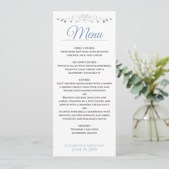 Elegant Blue & Silver Filigree with Hearts Wedding Menu (Standing Front)