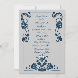 Elegant Blue Silver Floral Swirls Wedding Invite