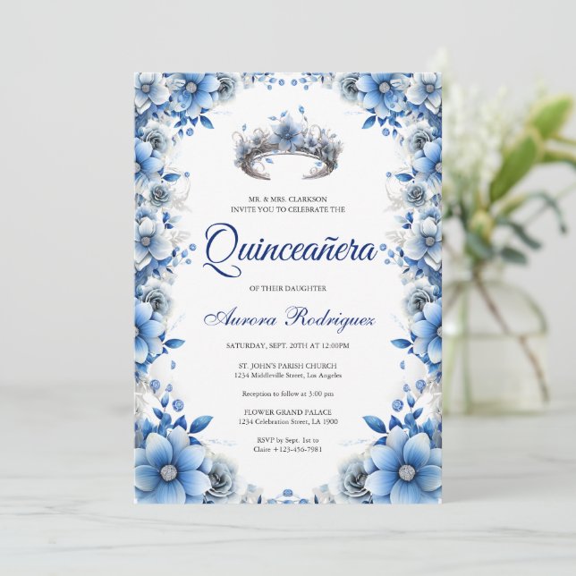 Elegant Blue & Silver Floral Tiara Quinceañera Invitation (Standing Front)