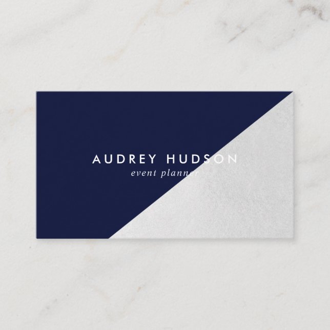 Elegant blue silver foil colour block geometric business card (Front)