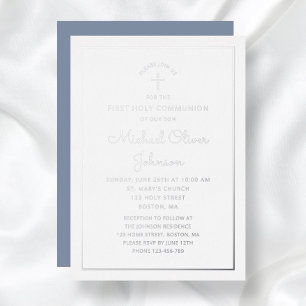 Elegant Blue Silver Foil Script First Communion