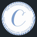 Elegant Blue Silver Foil Stripe Monogram Address Classic Round Sticker<br><div class="desc">Elegant Christmas or Hanukkah Blue Silver Foil Stripe Monogram Address Sticker featuring stylish faux blue and silver stripes and a modern script monogram with space for your custom address. Easy to customise with text, fonts, and colours. Created by Zazzle pro designer BK Thompson © exclusively for Kate’s Creations; please contact...</div>