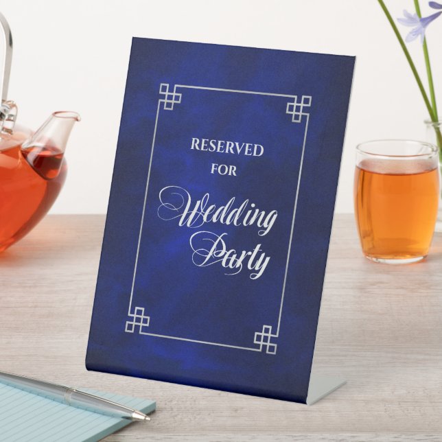 Elegant Blue Silver Frame Wedding Party Reserved Pedestal Sign (In SItu)