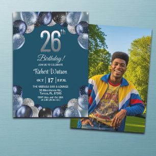 Elegant Blue Silver Glitter 26th Birthday Photo Invitation