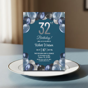 Elegant Blue Silver Glitter 32nd Birthday Party Invitation