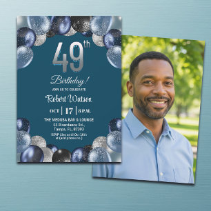 Elegant Blue Silver Glitter 49th Birthday Photo Invitation