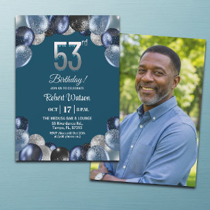 Elegant Blue Silver Glitter 53rd Birthday Photo Invitation