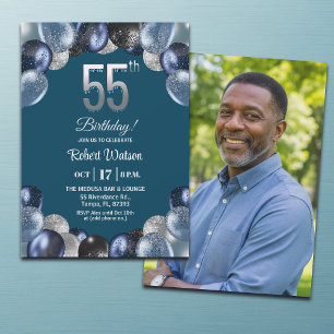 Elegant Blue Silver Glitter 55th Birthday Photo Invitation