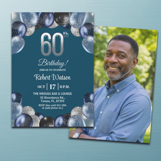 Elegant Blue Silver Glitter 60th Birthday Photo Invitation (Creator Uploaded)