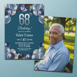 Elegant Blue Silver Glitter 68th Birthday Photo Invitation