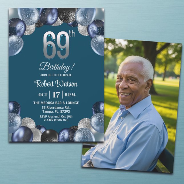 Elegant Blue Silver Glitter 69th Birthday Photo Invitation (Creator Uploaded)
