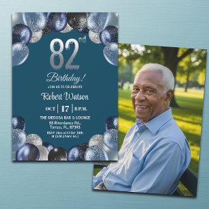 Elegant Blue Silver Glitter 82nd Birthday Photo Invitation