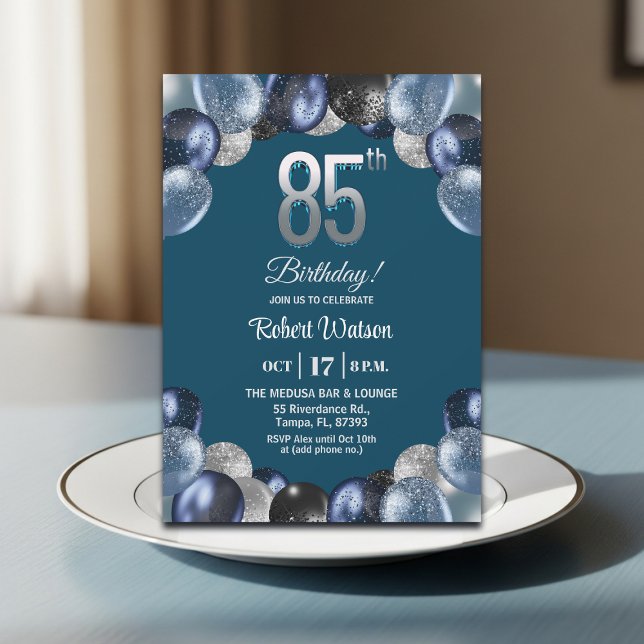 Elegant Blue Silver Glitter 85th Birthday Party Invitation (Creator Uploaded)