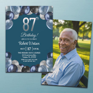 Elegant Blue Silver Glitter 87th Birthday Photo Invitation