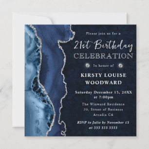Elegant Blue & Silver Glitter Agate 21st Birthday Invitation