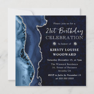Elegant Blue & Silver Glitter Agate 21st Birthday Invitation