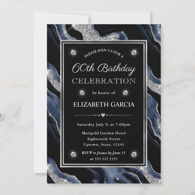 Elegant blue & Silver Glitter Agate 60th Birthday Invitation (Front)