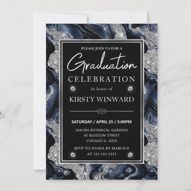 Elegant Blue & Silver Glitter Agate Graduation Invitation (Front)