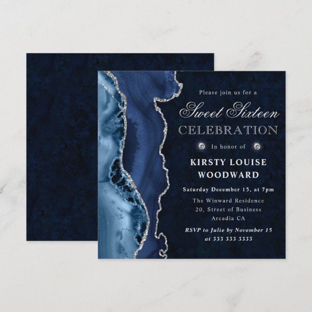Elegant Blue & Silver Glitter Agate Sweet Sixteen Invitation (Front/Back)