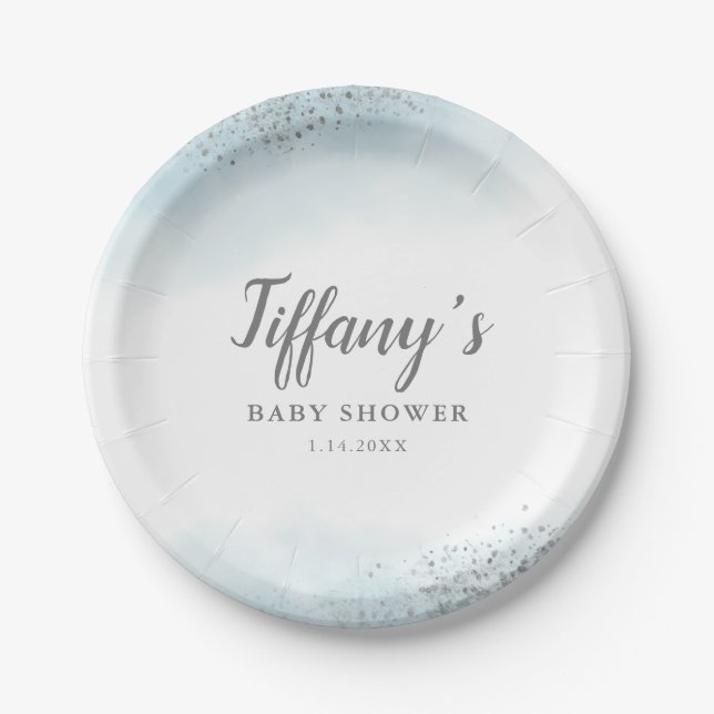 Elegant Blue Silver Glitter Baby Shower Paper Plate (Front)